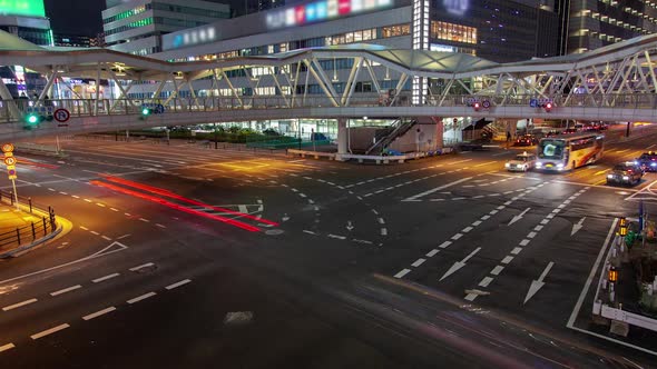 Osaka Highway Crossroad Traffic at Night Timelapse