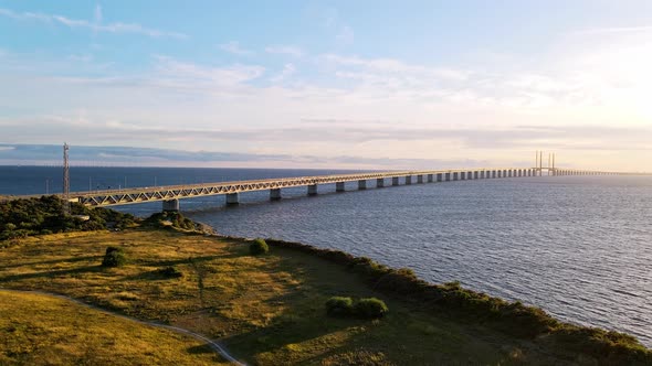 Aerial View of Oresund Bridge at the Sunset in Summer