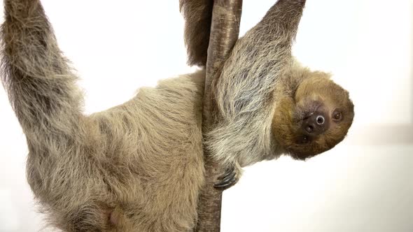 White background sloth with copy space hanging upside down