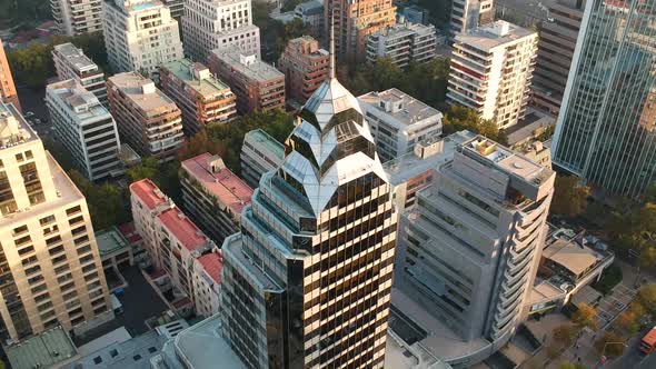 Aerial Drone shot of building downtown at golden hour