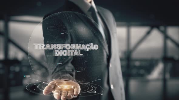 Digital Transformation in Portuguese Language with Hologram Businessman Concept