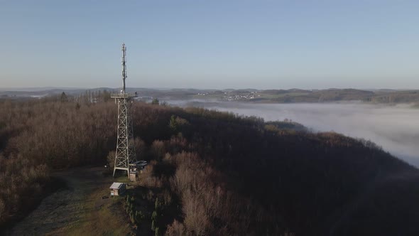 Aerial footage of the observation tower of Morsbach in North Rhine-Westphalia, Germany during a stun