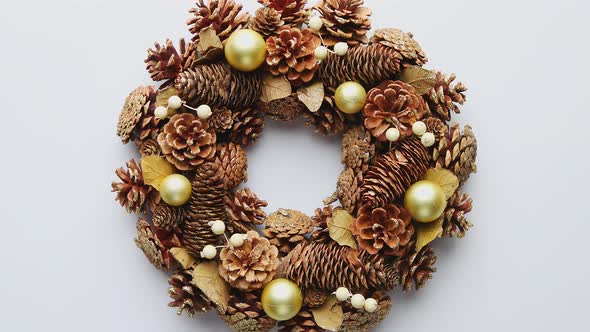 Beautiful Christmas Hand Made Rustic Wreath. Made with Pine Cones, Balls and Leafs
