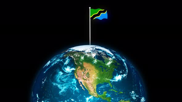 3d Rotated Planet Earth On Flying Tanzania Flag Animation