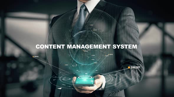 Businessman with Content Management System Hologram Concept