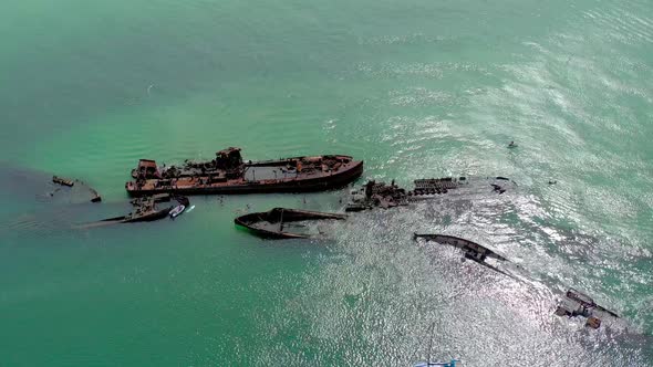 Aerial Flyover of Tangalooma Shipwrecks in Brisbane Australia in the Summer