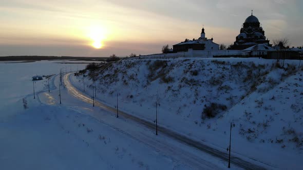 Sviyazhsk Island in Volga River at Winter Small City Village Cathedral Sunset