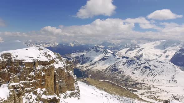 View of the valley from the summit of Sass Pordoi in the Dolomites
