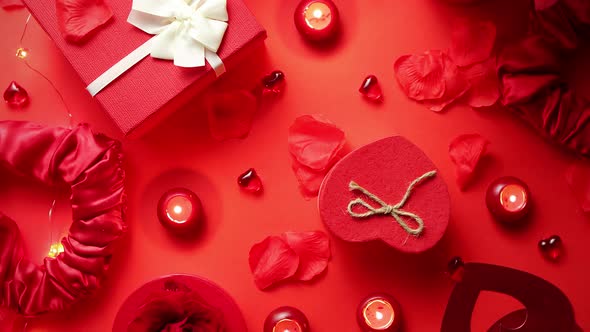 Valentines Day Romantic Decoration with Roses, Boxed Gifts, Candles