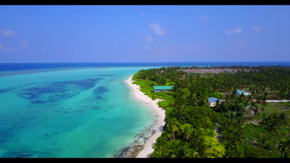 Aerial above landscape of tropical lagoon beach trip by turquoise sea and bright sandy background of