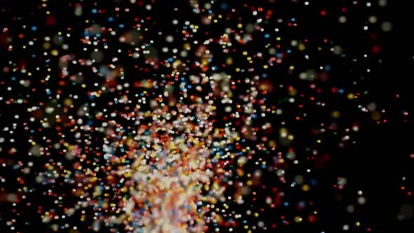 Multicolored Particles Fly After Being Exploded, Colorful Sprinkles Bouncing and Falling Down
