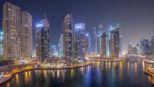 Water Canal on Dubai Marina Skyline at Night Timelapse