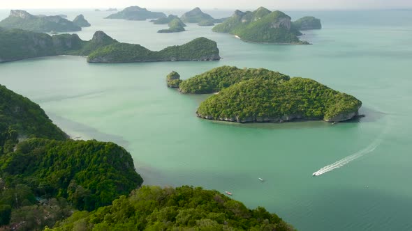 Bird Eye Panoramic Aerial Top View of Islands in Ocean at Ang Thong National Marine Park Near