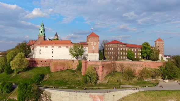 Aerial footage of Wawel Royal Castle in Cracow, Krakow, Poland, Polska