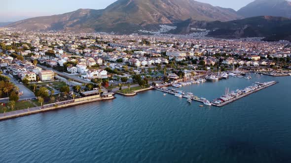 View on Fethiye City in Turkey Filmed From the Seaside By Drone at Warm Summer Day
