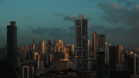 Beautiful Big City Skyline Sunrise Or Sunset With Orange Sky Aerial Footage Panama City.