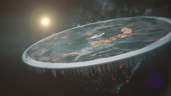 Flat Earth in cosmos. Close-up of flat Earth fast rotating in space. Antarctica as an ice wall. 3D