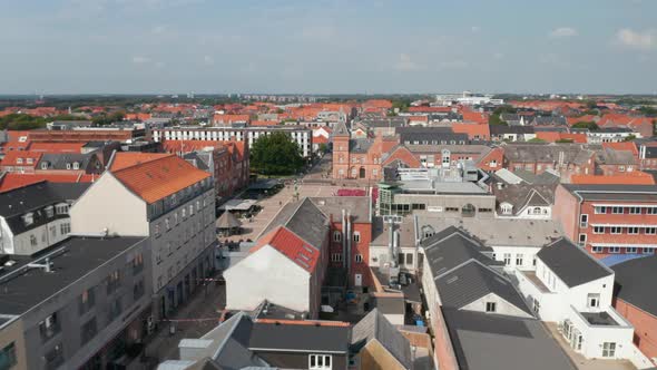 Aerial View Over the Famous Torvet Square with Brick Buildings and the Statue of Christian IX