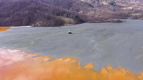 Flying Over Chemical Waste Water Polluted With Contaminated Mining Residuals From a Copper Mine