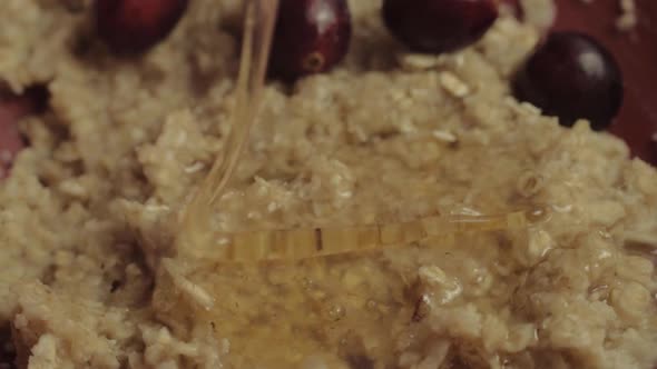 Runny golden honey puring over porridge with cranberries macro