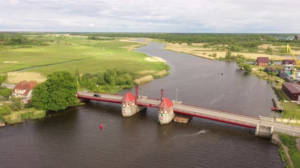 Aerial view of the old bridge in Polessk town, Kaliningrad region, Russia