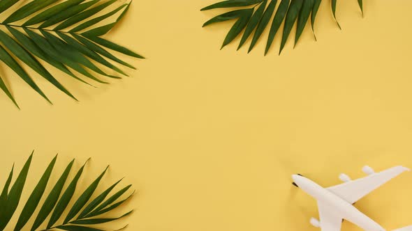 Model of a Toy Airplane of White Color and Palm Leaves on a Yellow Background