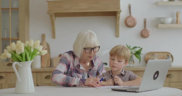 60s Grandmother Making Online Homework with Preschool Grandson at Home. Senior Woman in Glasses and