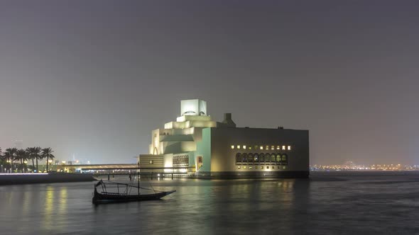 Beautiful Museum of Islamic Art Night Timelapse Hyperlapse in Doha Qatar