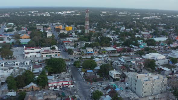 Birds Eye View of Busy City Street with Traffic Jam with Vehicle in the City of Tulum in Mexico