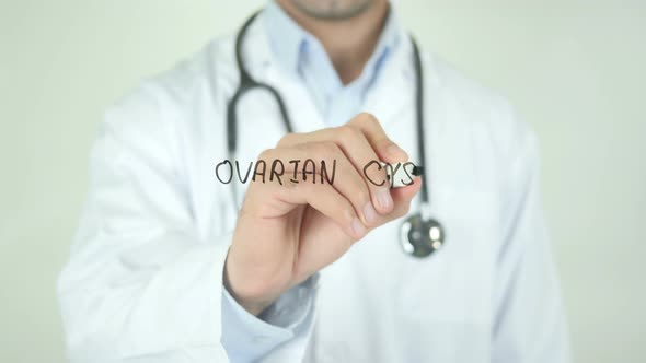 Ovarian Cyst, Doctor Writing on Transparent Screen