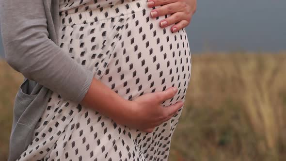 Closeup of a Pregnant Girl She Stands Against the Background of a Large Pond