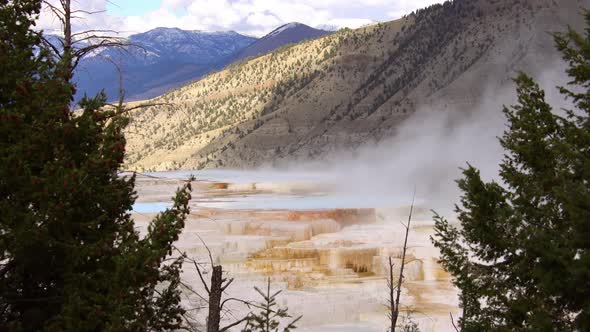View of steam rising from hot springs in Yellowstone