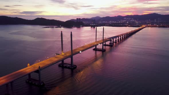 Aerial dramatic highway light of Penang Second Bridge with dramatic twilight