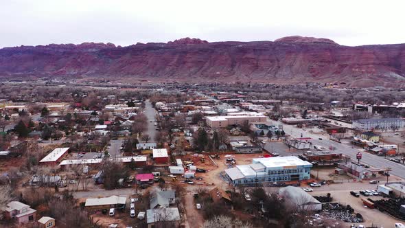 Moab city center and historic buildings aerial view in summer, Utah, USA.