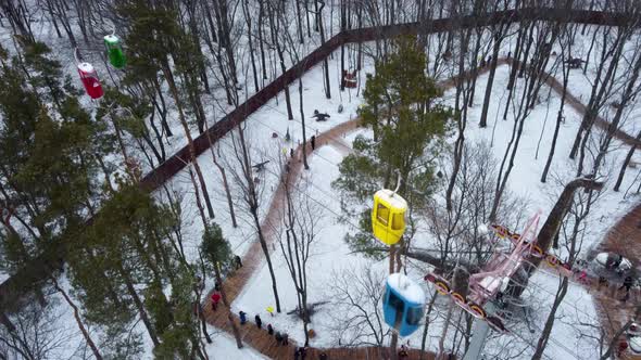 Kharkiv aerial. Cableway cabins in winter park