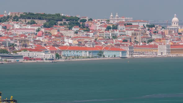 Panorama of Lisbon Historical Centre Aerial Timelapse Viewed From Above the Southern Margin of the