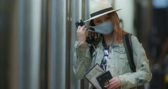 Woman in Protective Face Mask Talking From Public Telephone Booth in Airport