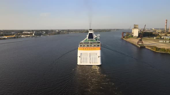 Cruise ship on the river aerial view