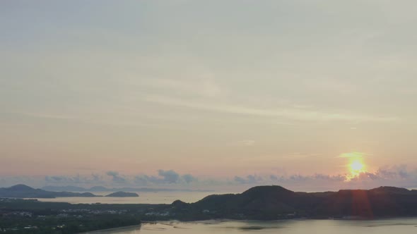 Aerial View Sunrise Above The Mountain Range At Panwa Sea Phuket.