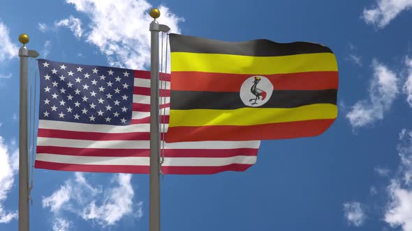 Usa Flag Vs Uganda Flag On Flagpole
