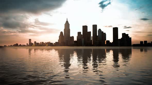 Skyline with Skyscrapers and Sea at Sunset