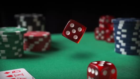 Red Dice Casino Chips Cards on Green Felt