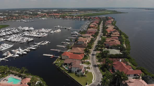 Beautiful aerial of a gated South Florida boat and home community