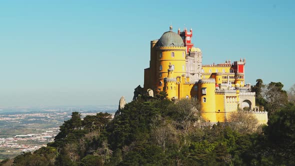 Aerial Drone View of Pena Palace, Sintra, Lisbon, Portugal, a Beautiful Colourful European Building