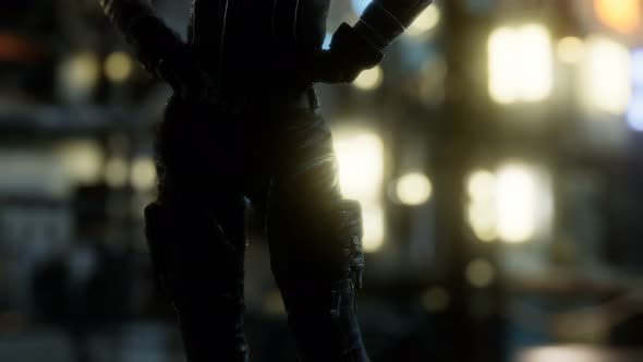 Futuristic Cyberpunk Style Young Woman with Neon Bokeh Lights