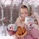 Cute girl in a traditional Russian headscarf is drinking hot tea and eating bagels on winter backgro - VideoHive Item for Sale