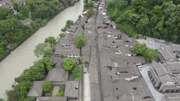 Mountain Town and River, China Aerial