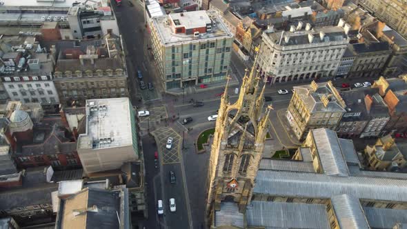 Aerial arc shot of St  Nicholas Cathedral, Newcastle, UK (4K)