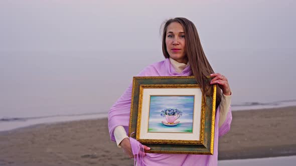 Elegant Woman Artist Holds Pretty Pastel Colored Still Life