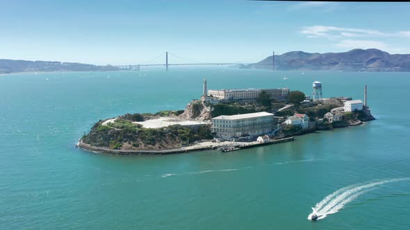World Famous Touristic Landmarks Alcatraz Island Golden Gate Bridge  Aerial